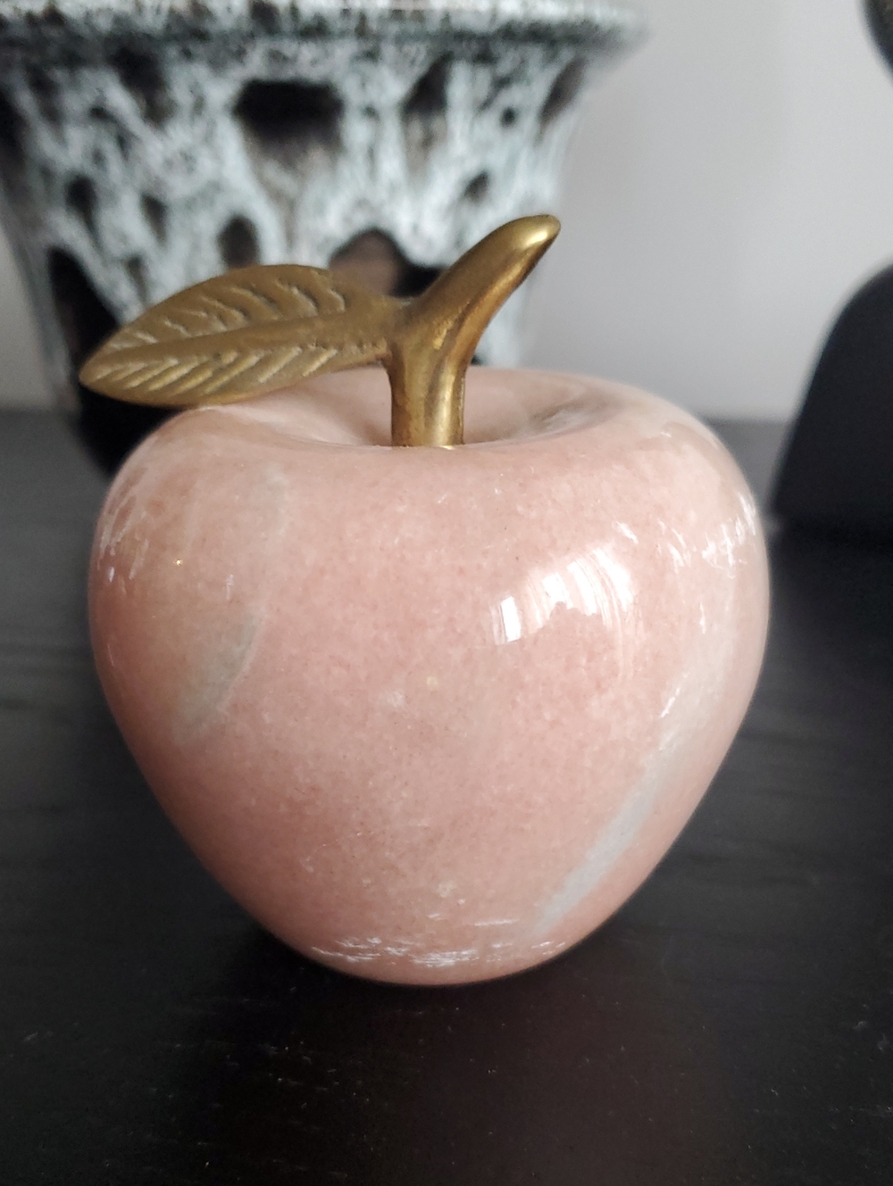 Vintage Pink Marble or Quartz Apple Paperweight with Brass Stem